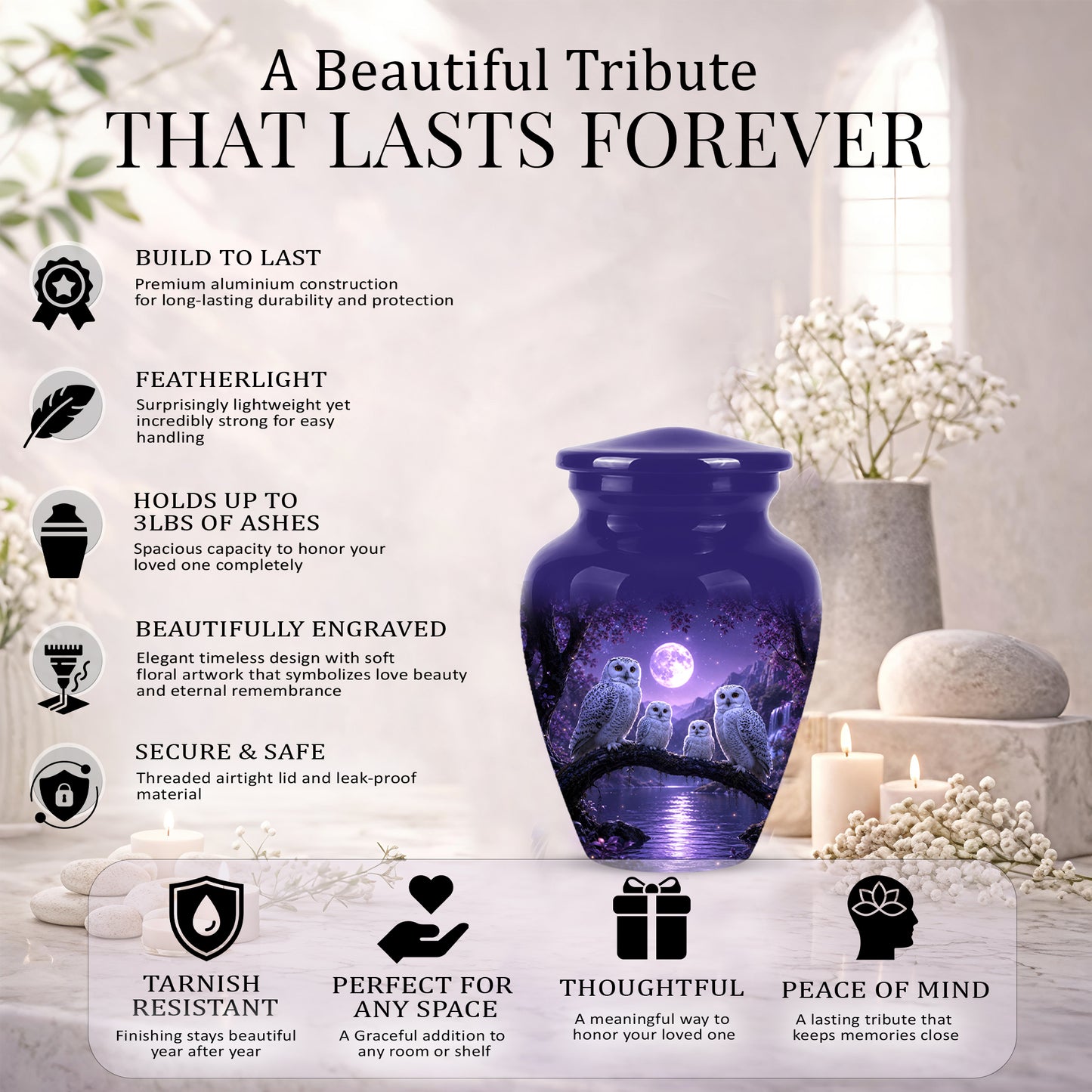 Snowy Owl Family Themed Cremation Urn - Purple Moonlight Memorial Urns