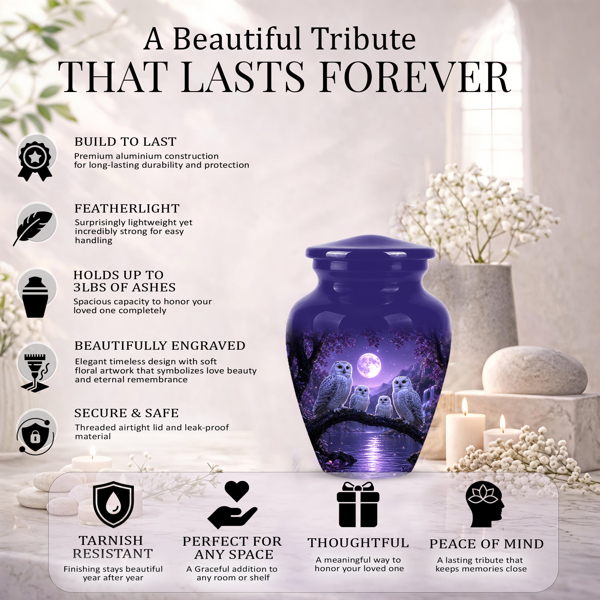 Snowy Owl Family Themed Cremation Urn - Purple Moonlight Memorial Urns