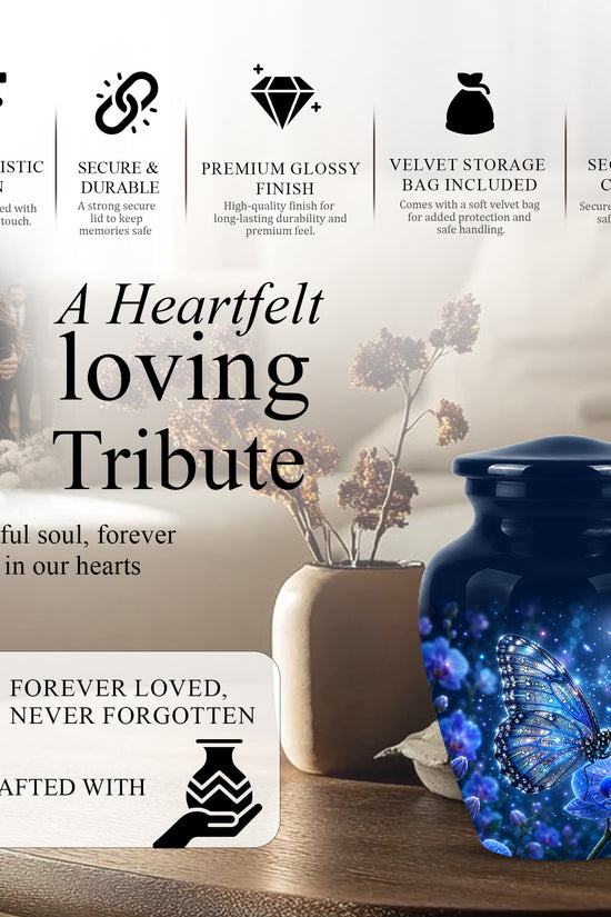 Blue Butterfly On Flower -Starry Night Burial Urns For Human Ashes
