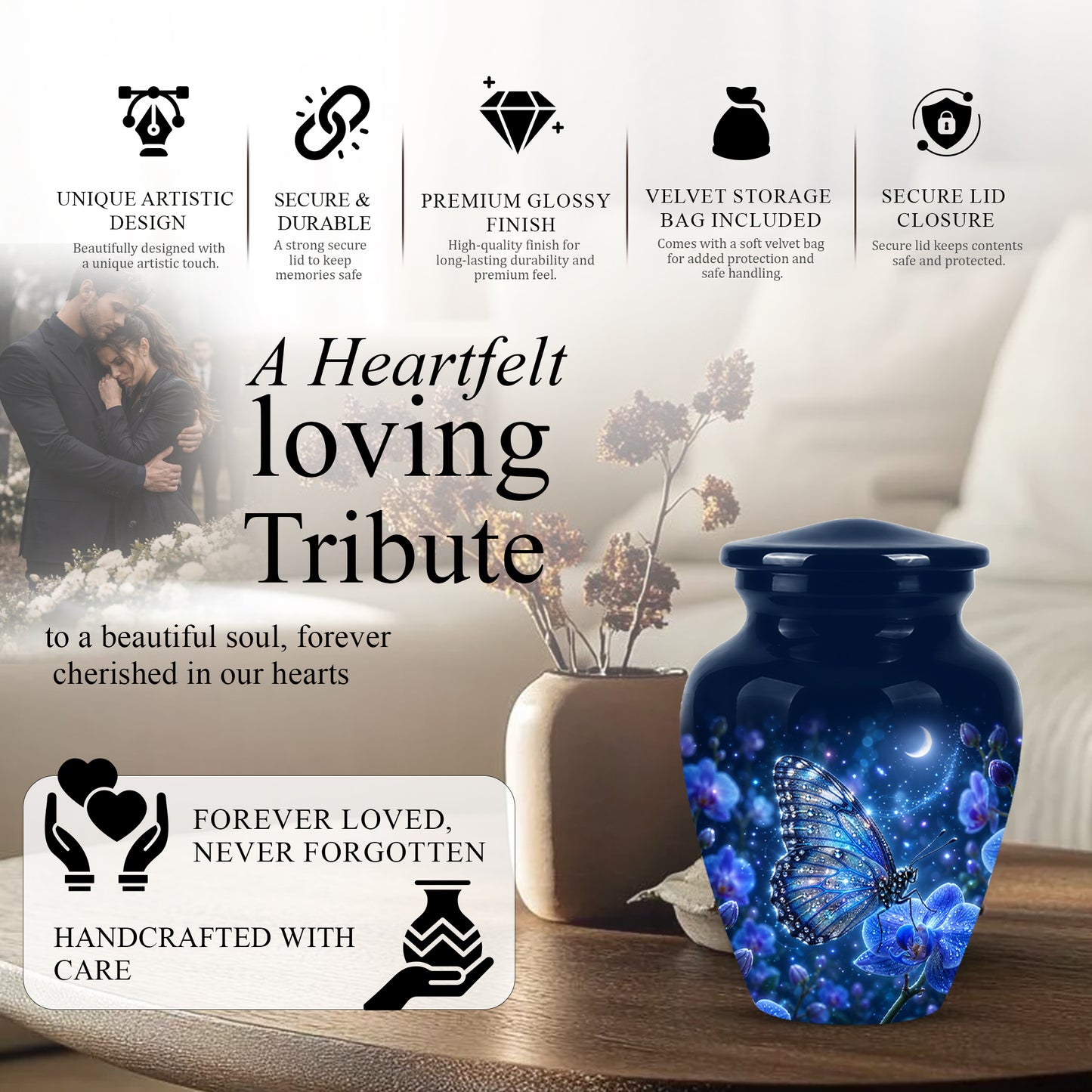 Blue Butterfly On Flower -Starry Night Burial Urns For Human Ashes