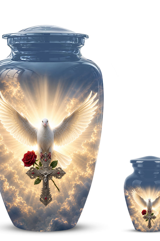 White Dove Bird With Rose - Blue Memorial Urns For Human Ashes