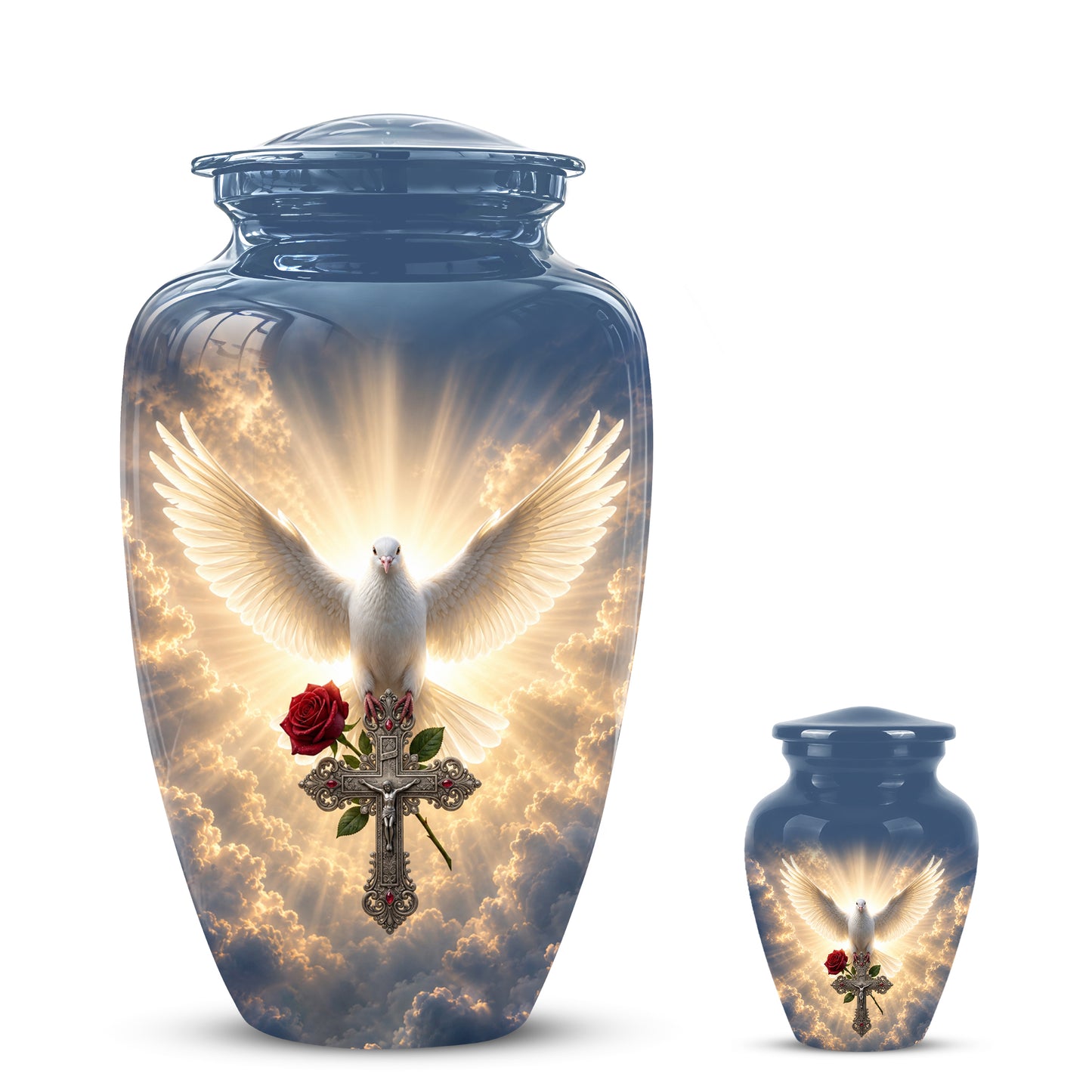 White Dove Bird With Rose - Blue Memorial Urns For Human Ashes