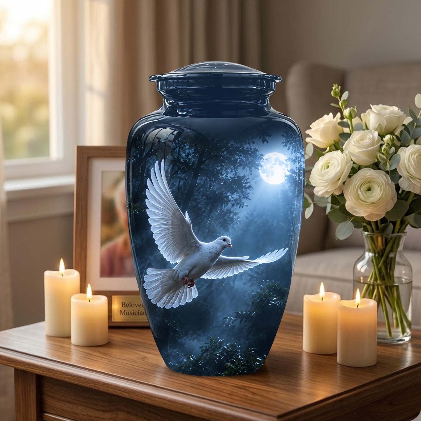 White Flying Dove Cremation Urn - Night Moon Memorial Urns For Ashes