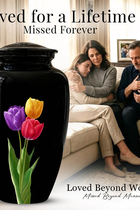 Colorful Tulips Flower Cremation Urn - Personalized Black Urns On Sale