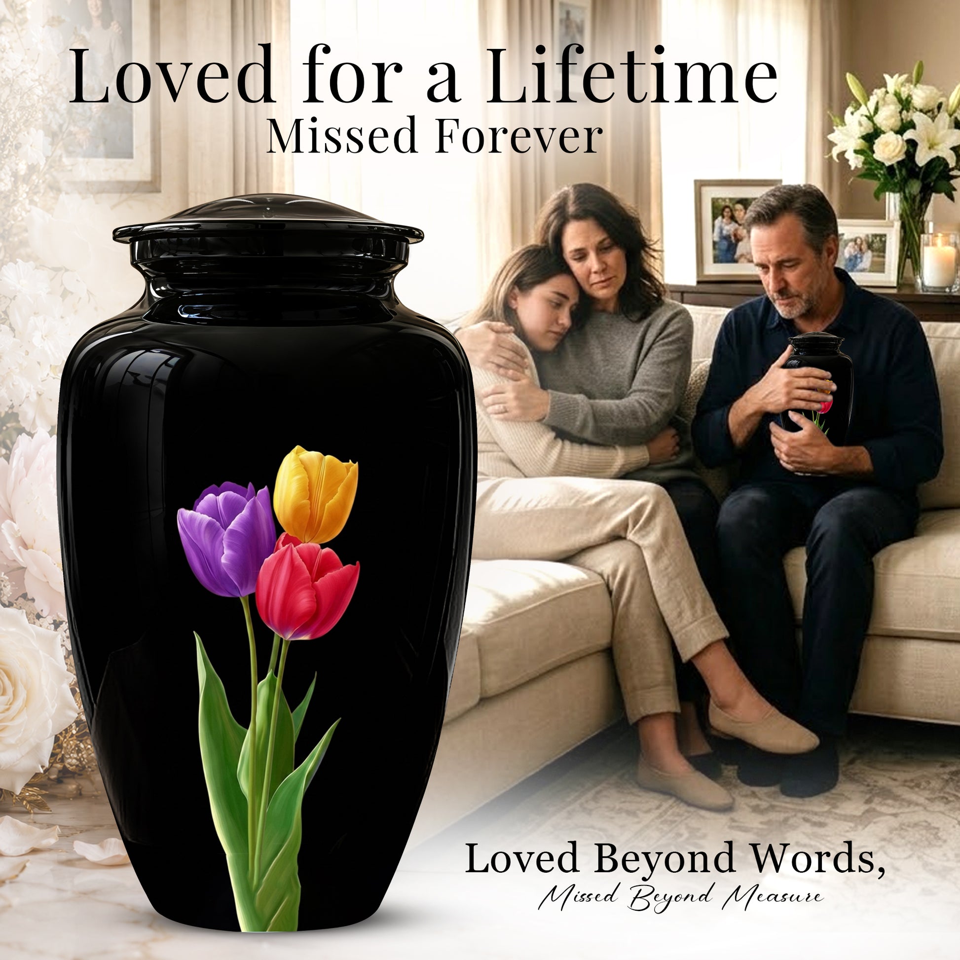 Colorful Tulips Flower Cremation Urn - Personalized Black Urns On Sale