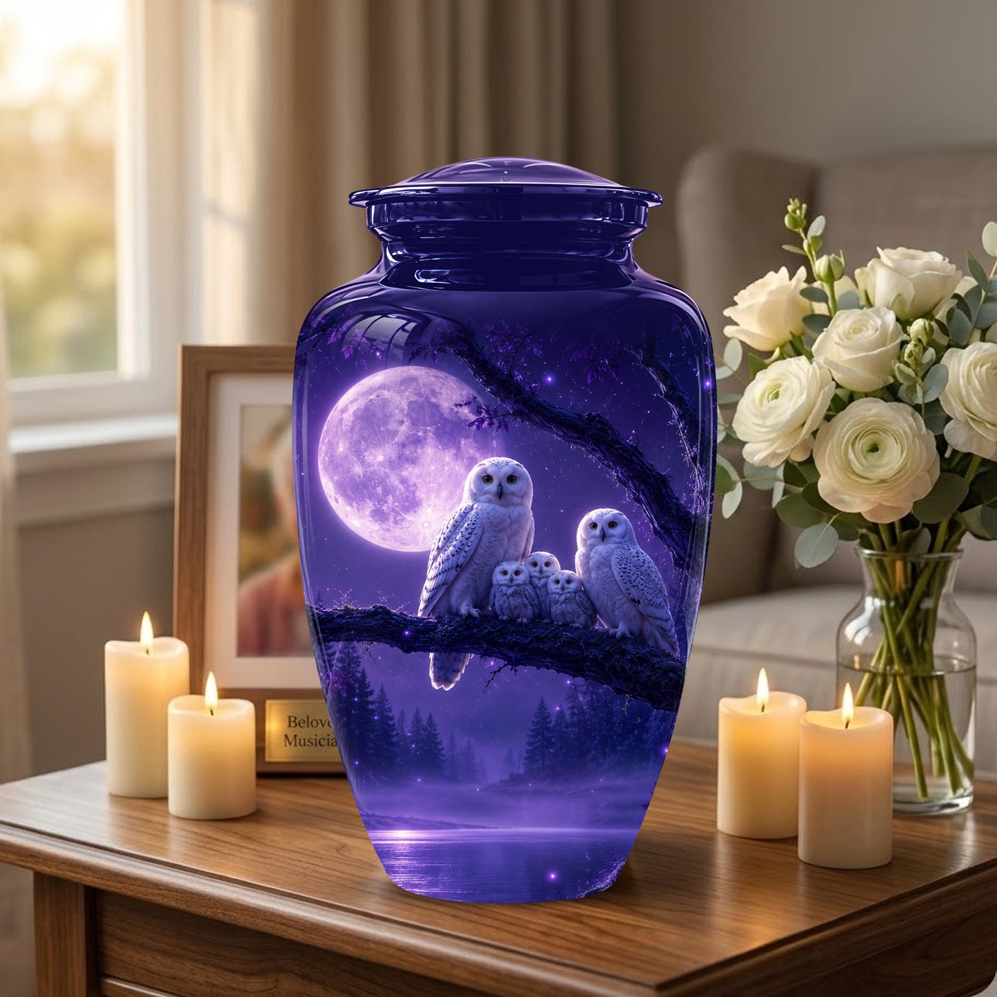 Purple Owl Cremation Urn - Handcrafted Memorial Urn For Adults Ashes