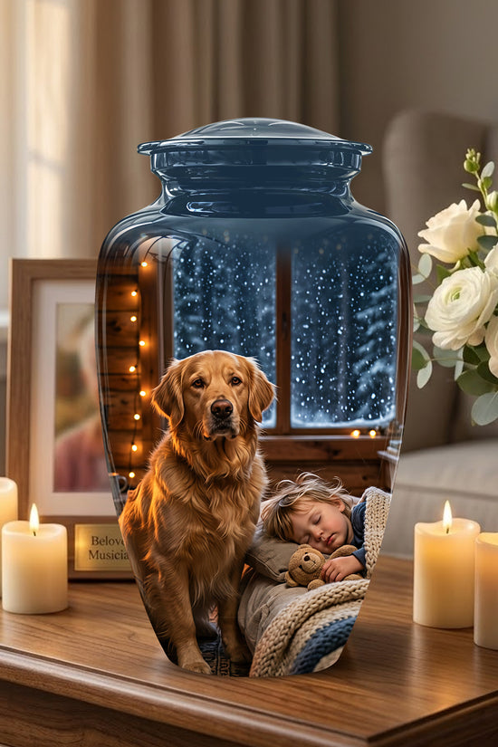 Golden Retriever Dog With Child - Beautiful Custom Pet Urns For Ashes