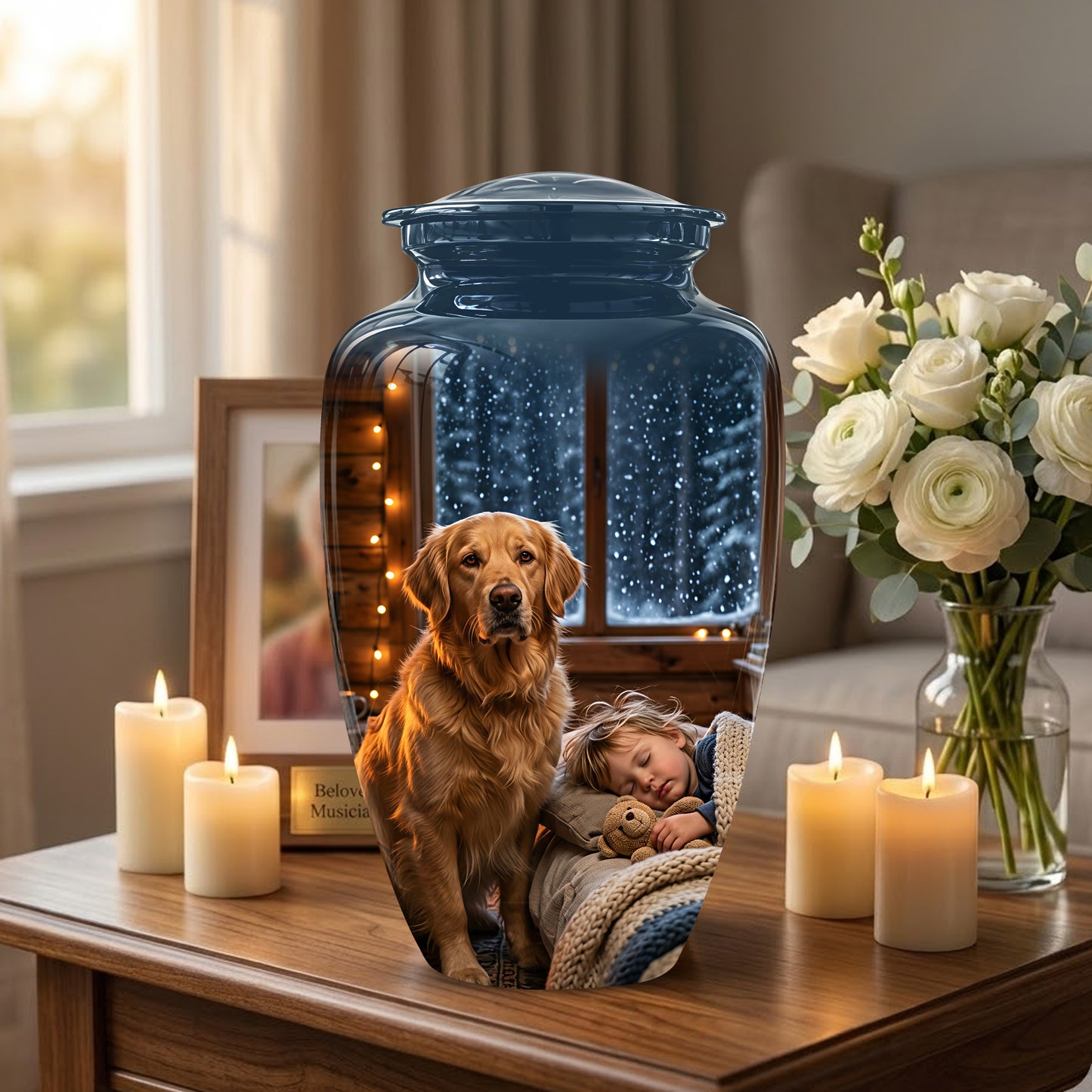 Golden Retriever Dog With Child - Beautiful Custom Pet Urns For Ashes