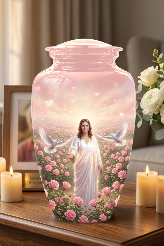 Jesus Christ And Roses Cremation Urn - Dove Memorial Urn For Ashes