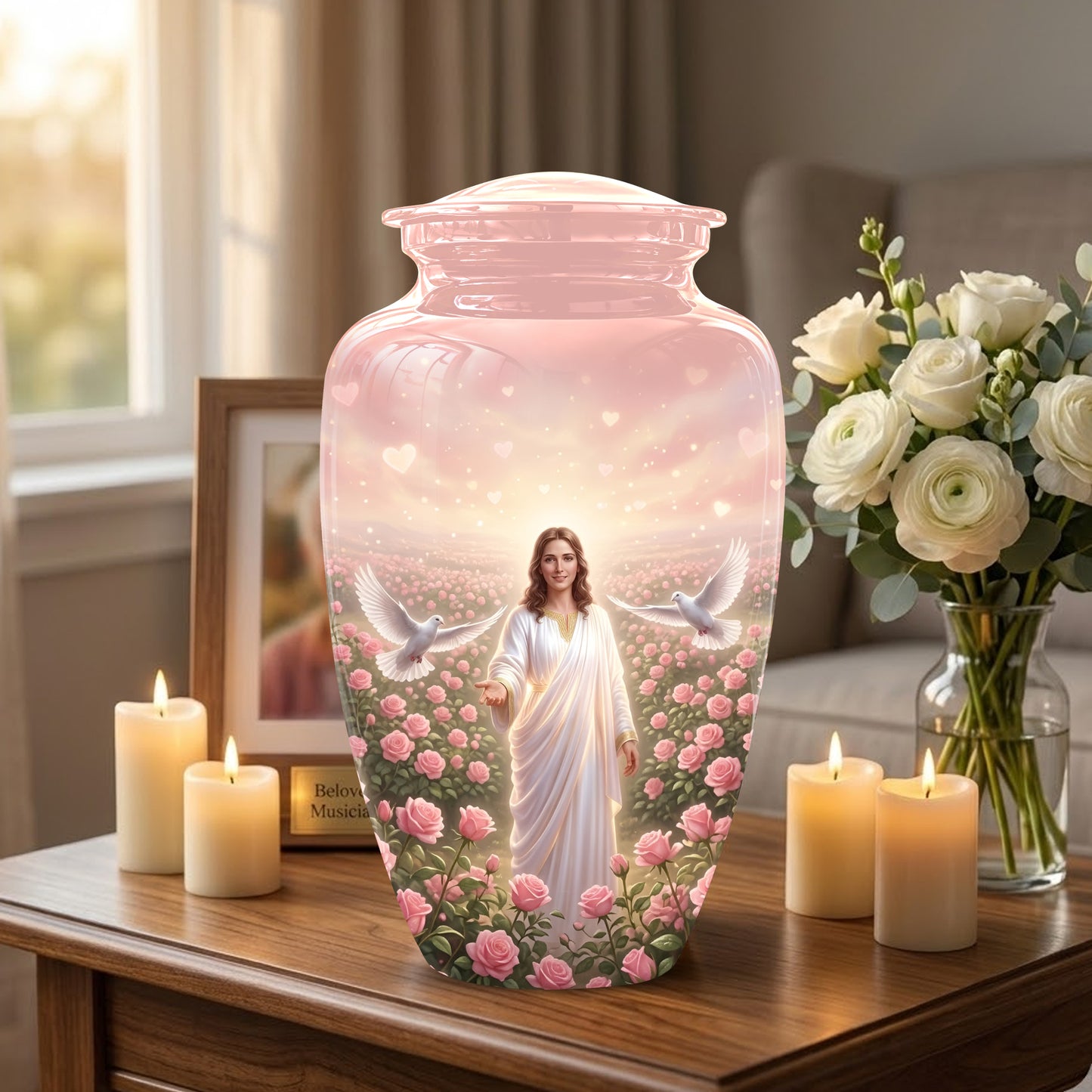 Jesus Christ And Roses Cremation Urn - Dove Memorial Urn For Ashes
