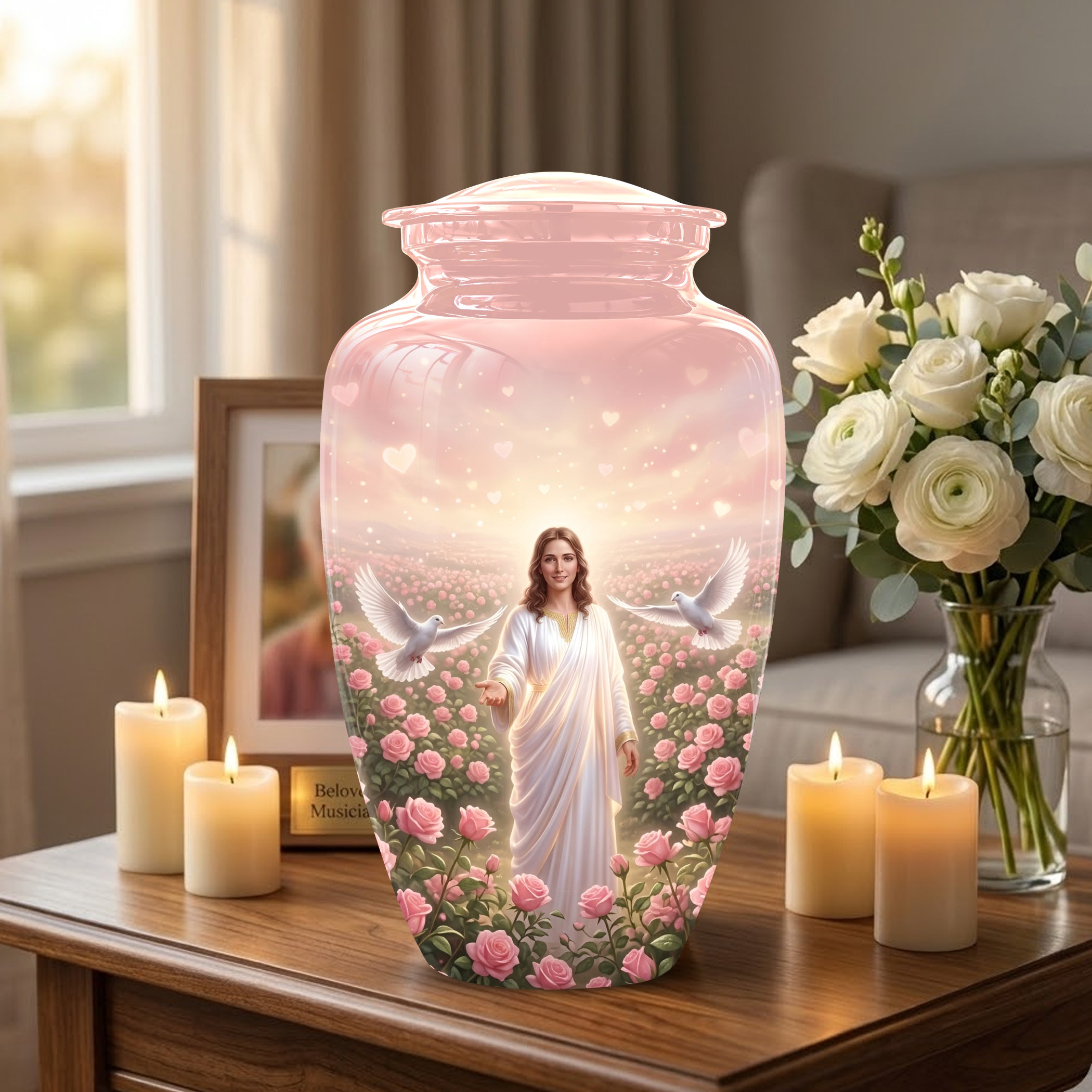 Jesus Christ And Roses Cremation Urn - Dove Memorial Urn For Ashes