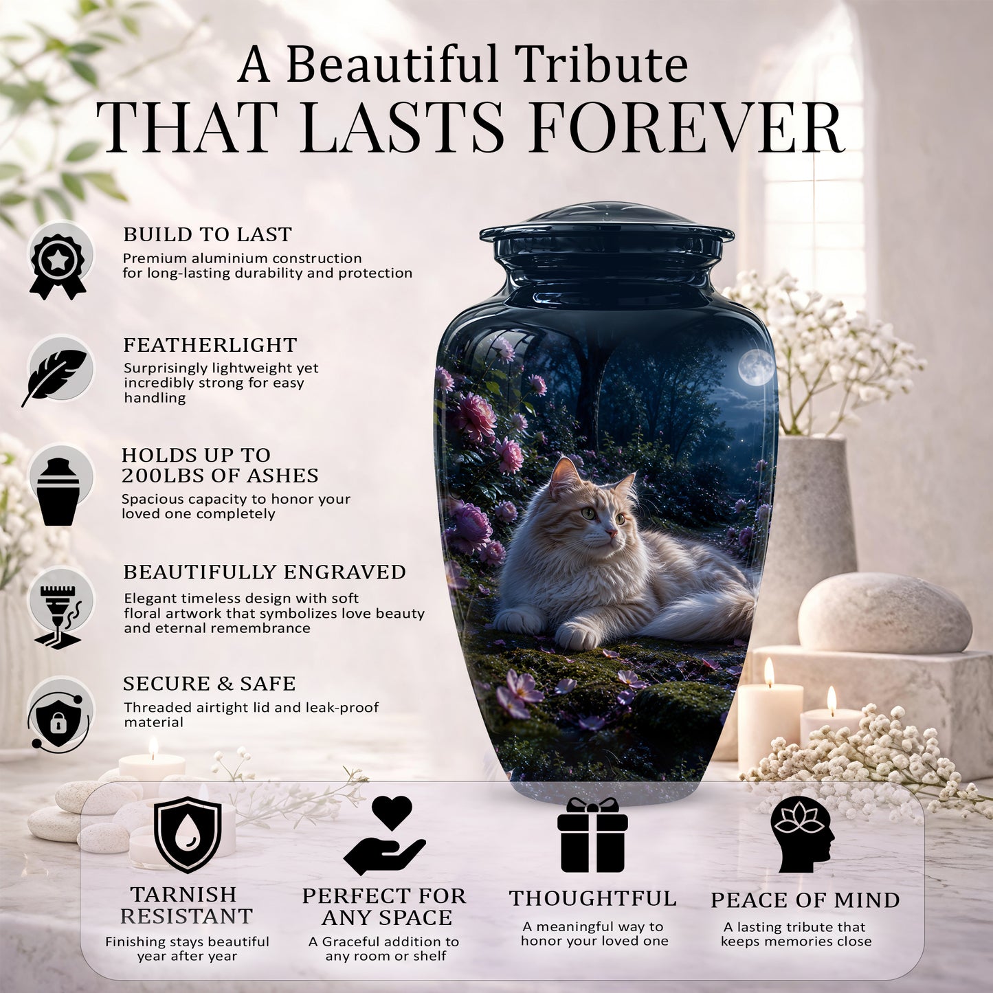 White Cat Memorial Urn - Beautiful Eternal Rest Urns For Pet Ashes