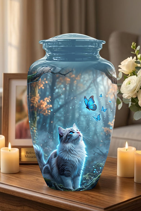 White Cat With Flying Butterfly - Custom Handcrafted Urns For Humans