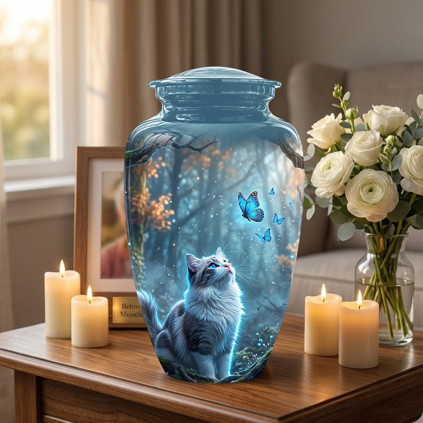 White Cat With Flying Butterfly - Custom Handcrafted Urns For Humans