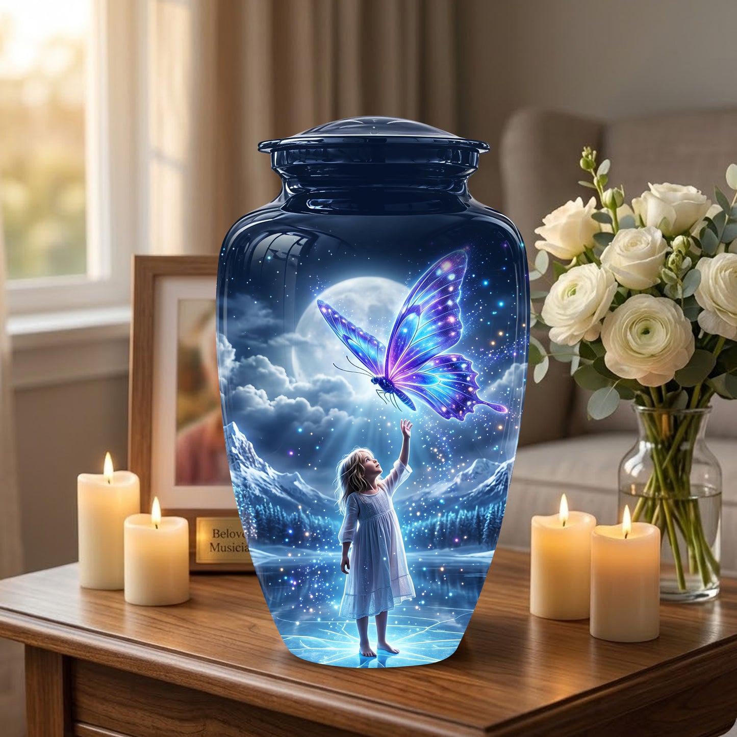 Colorful Butterfly With Girl Child - Beautiful Funeral Urns For Ashes