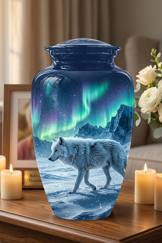 Snowy Wolf Cremation Urn - Northern Light Memorial Urn For Human Ashes