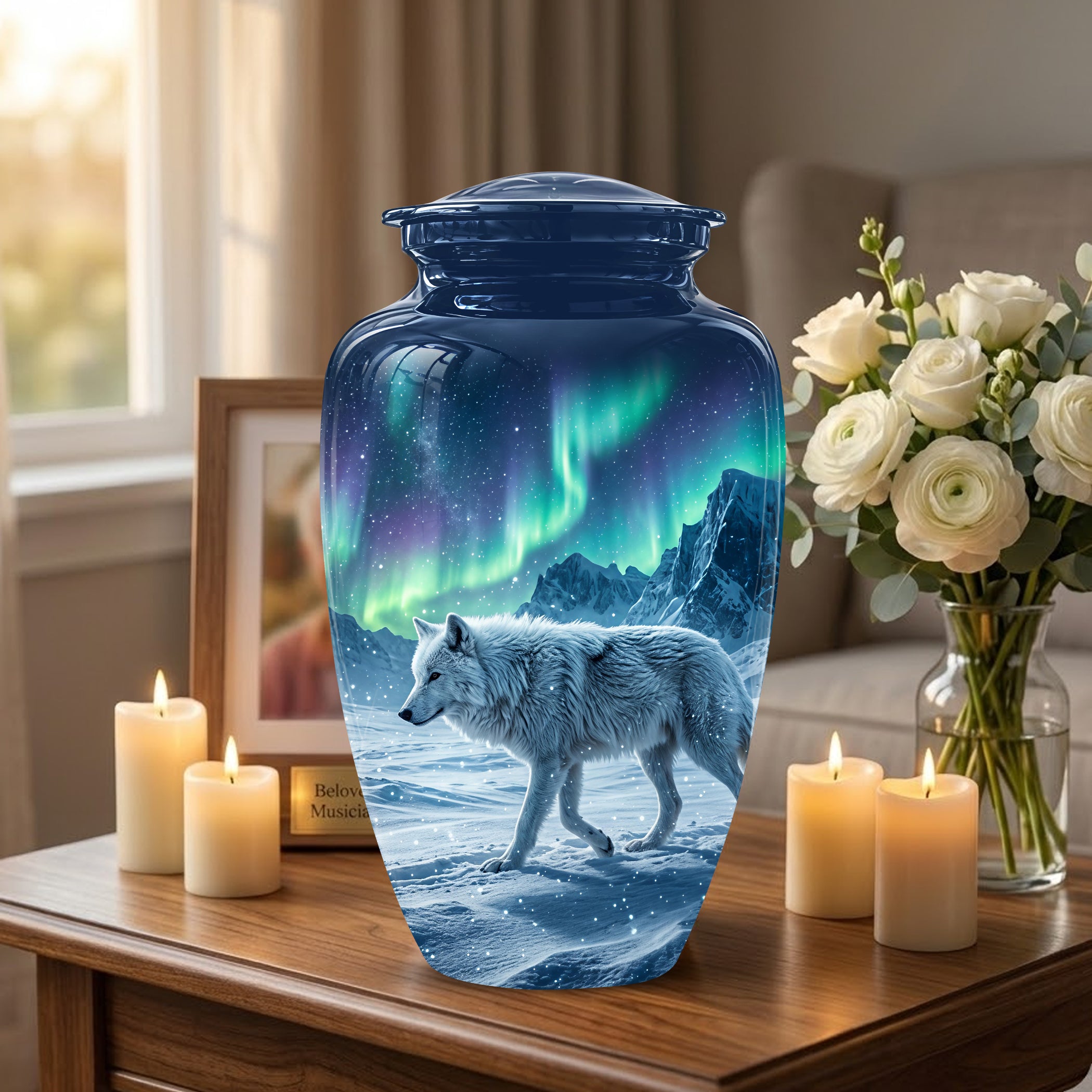 Snowy Wolf Cremation Urn - Northern Light Memorial Urn For Human Ashes