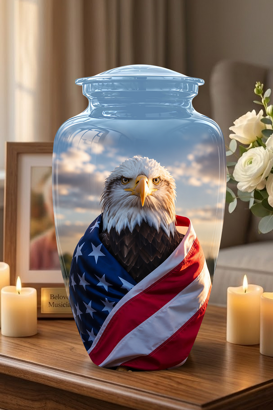 Bald Eagle Draped in American Flag - Patriotic Burial Urns For Human Ashes