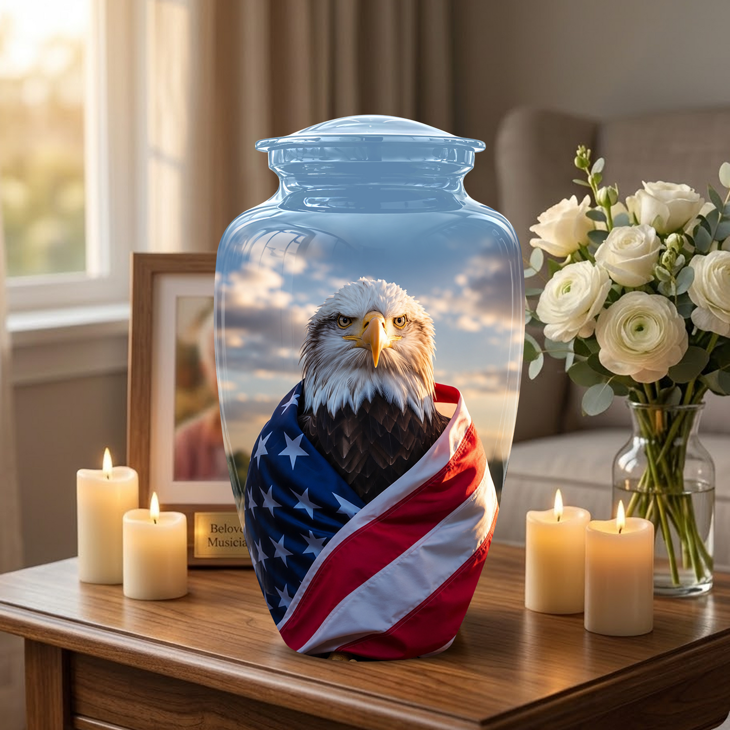 Bald Eagle Draped in American Flag - Patriotic Burial Urns For Human Ashes