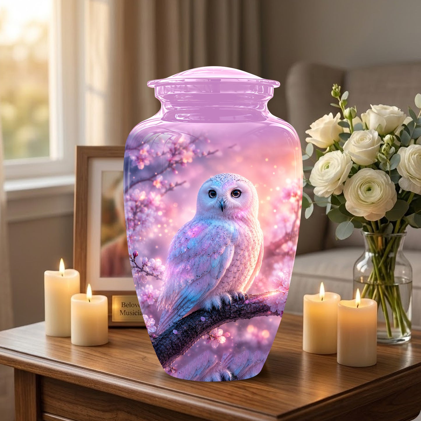 White Owl Cremation Urn - Beautiful Pink Memorial Urns For Human Ashes