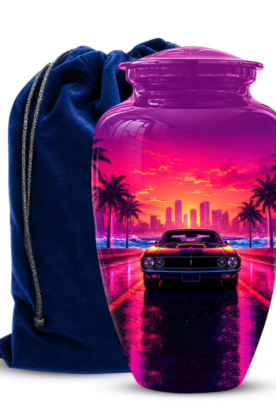Neon Sunset Cityscape Sports Car Urn - Artistic Cremation Urn On Sale