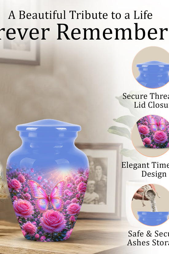Pink Butterfly On Flower Funeral Urn - Handcrafted Urns For Mom Ashes