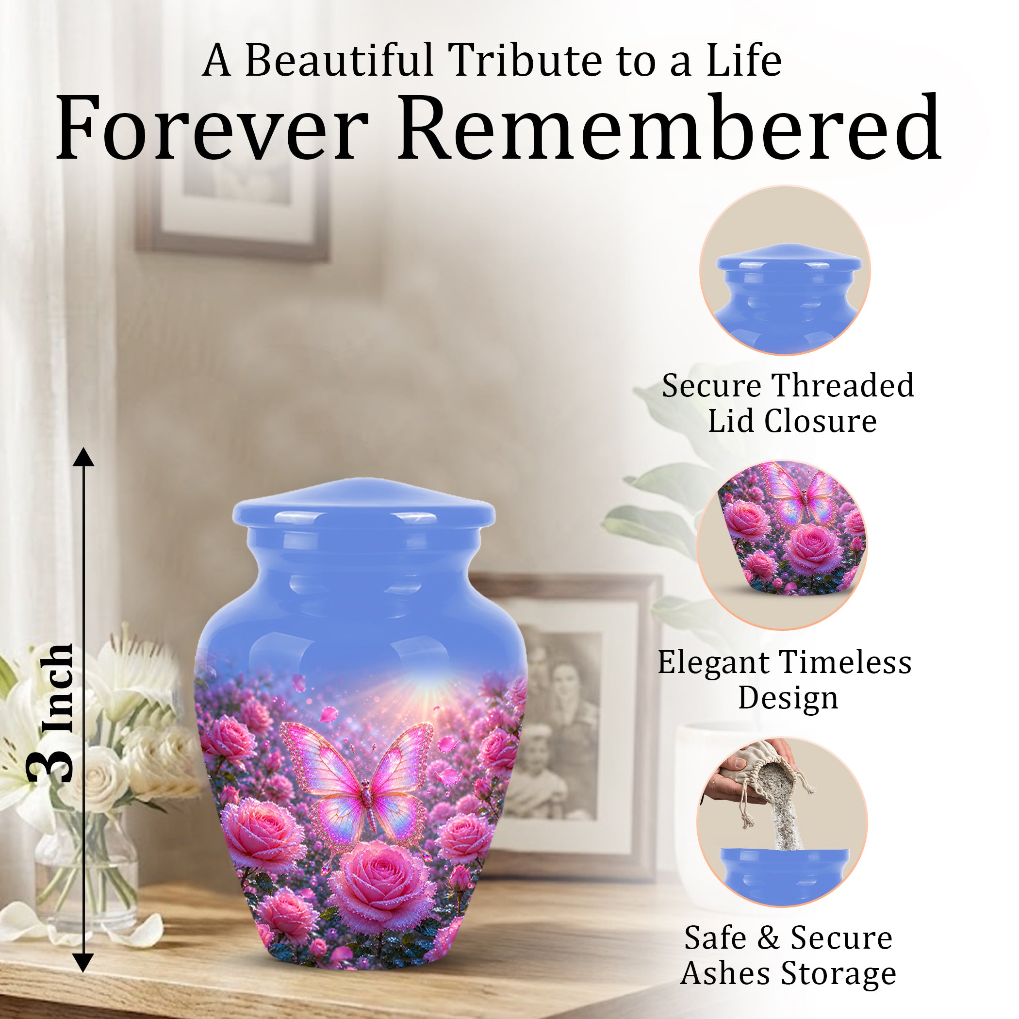 Pink Butterfly On Flower Funeral Urn - Handcrafted Urns For Mom Ashes
