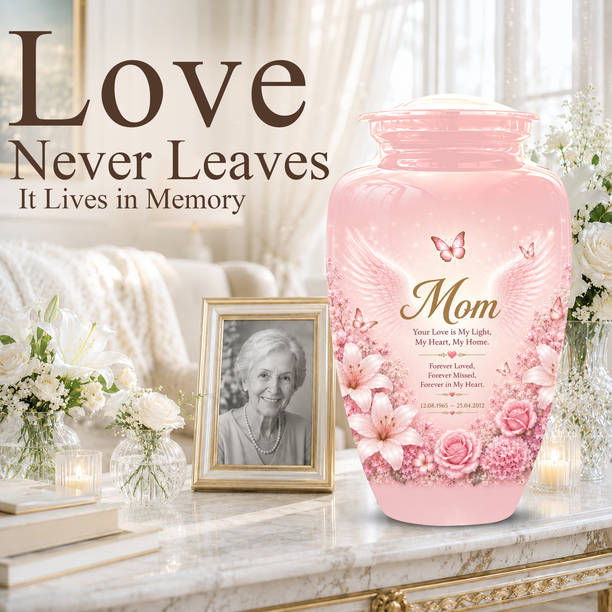 Angel Wings Funeral Urn for Mom – Pink Aluminium Burial Urn for Human Ashes