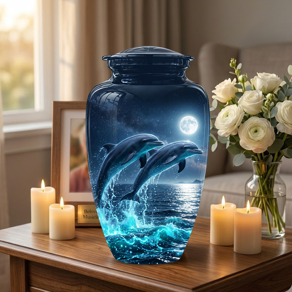 Beautiful Playful Dolphin Cremation Urn - Custom Moonlight Urns For Women