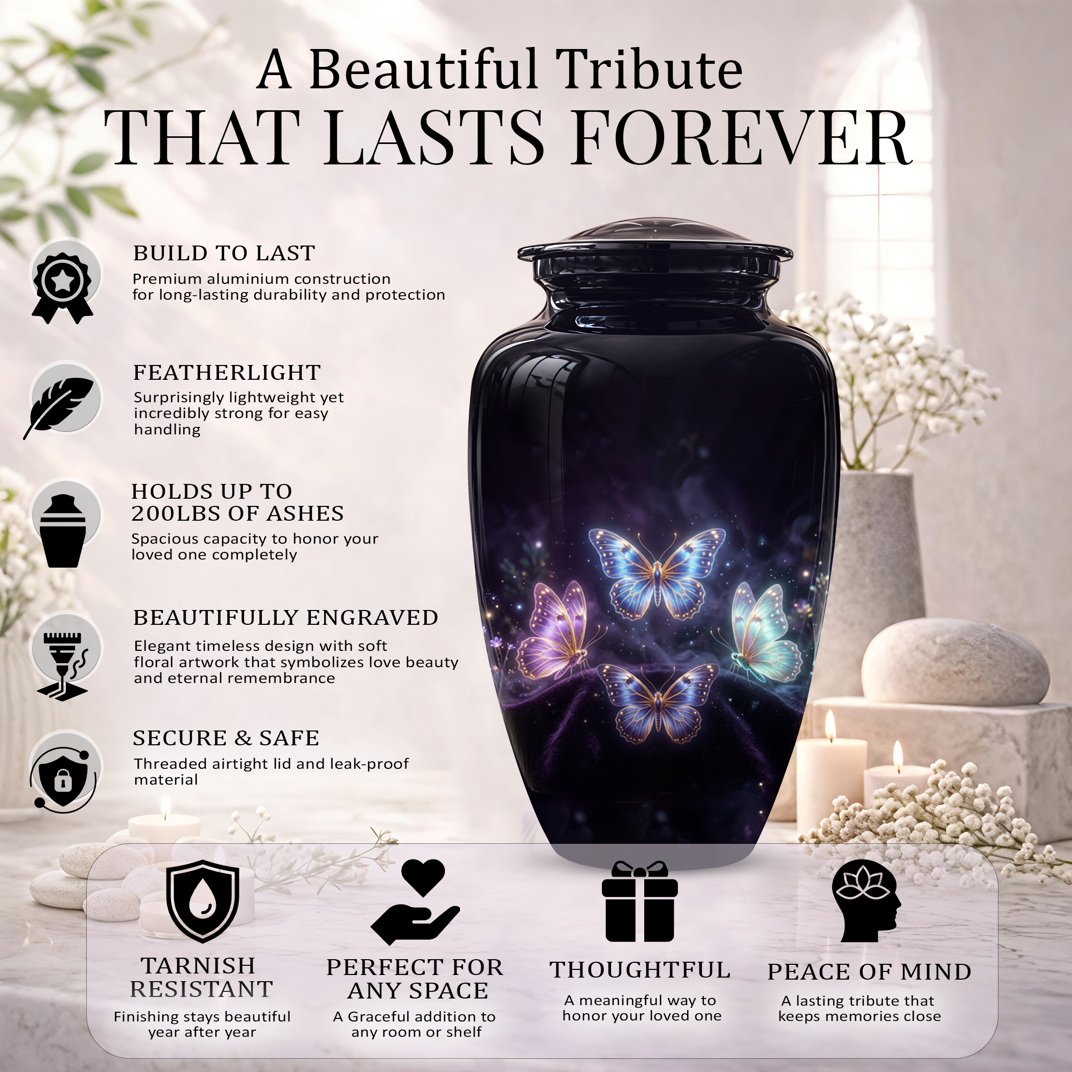 Flying Butterfly Urns For Mom Ashes - Handcrafted Black Cremation Urns