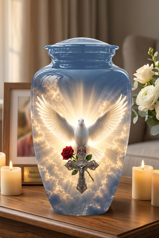White Dove Bird With Rose - Blue Memorial Urns For Human Ashes