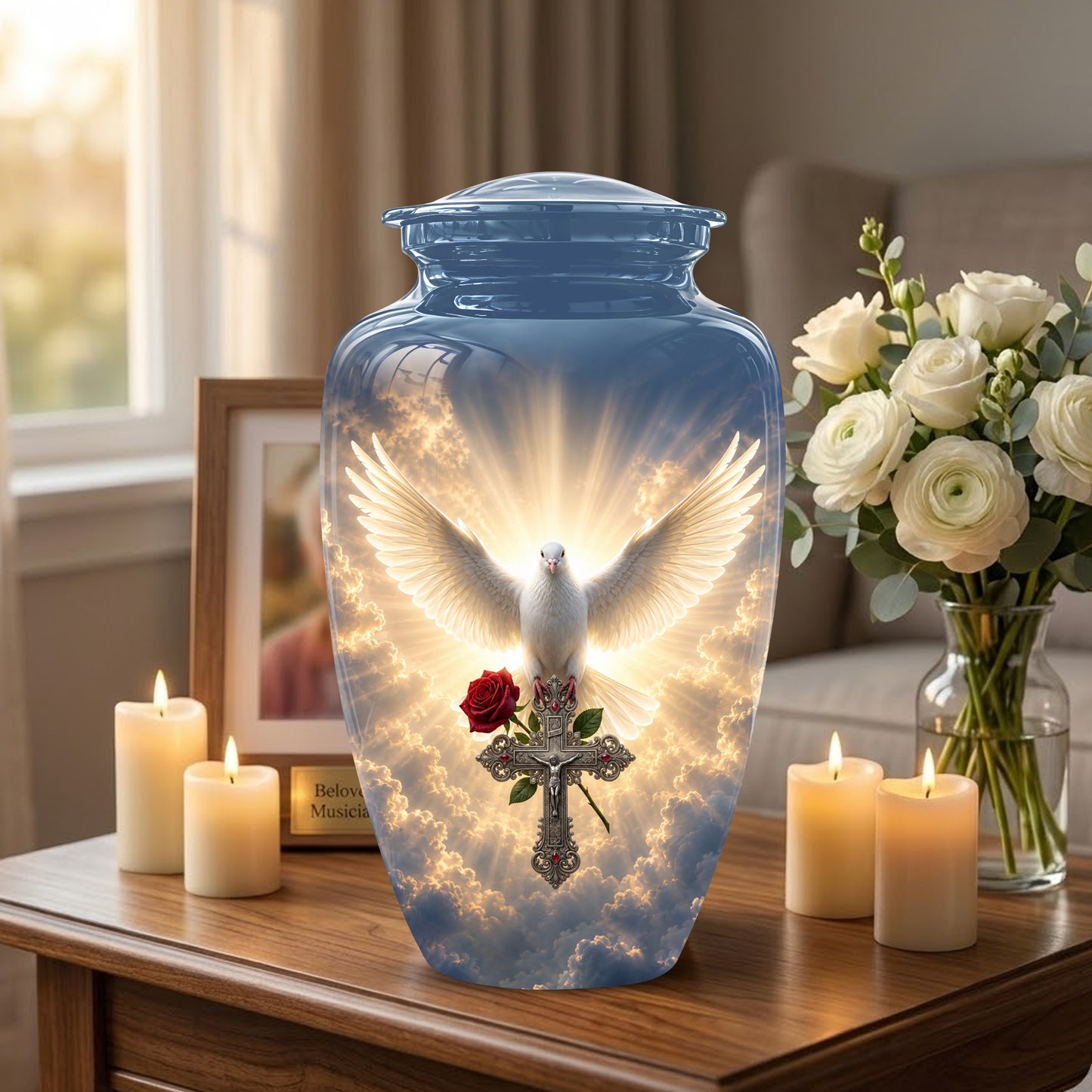White Dove Bird With Rose - Blue Memorial Urns For Human Ashes
