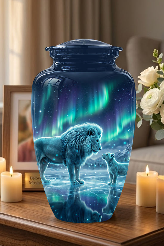 Lion & Cub Aurora Borealis Urn - Personalized Lion Urns For Human Ashes