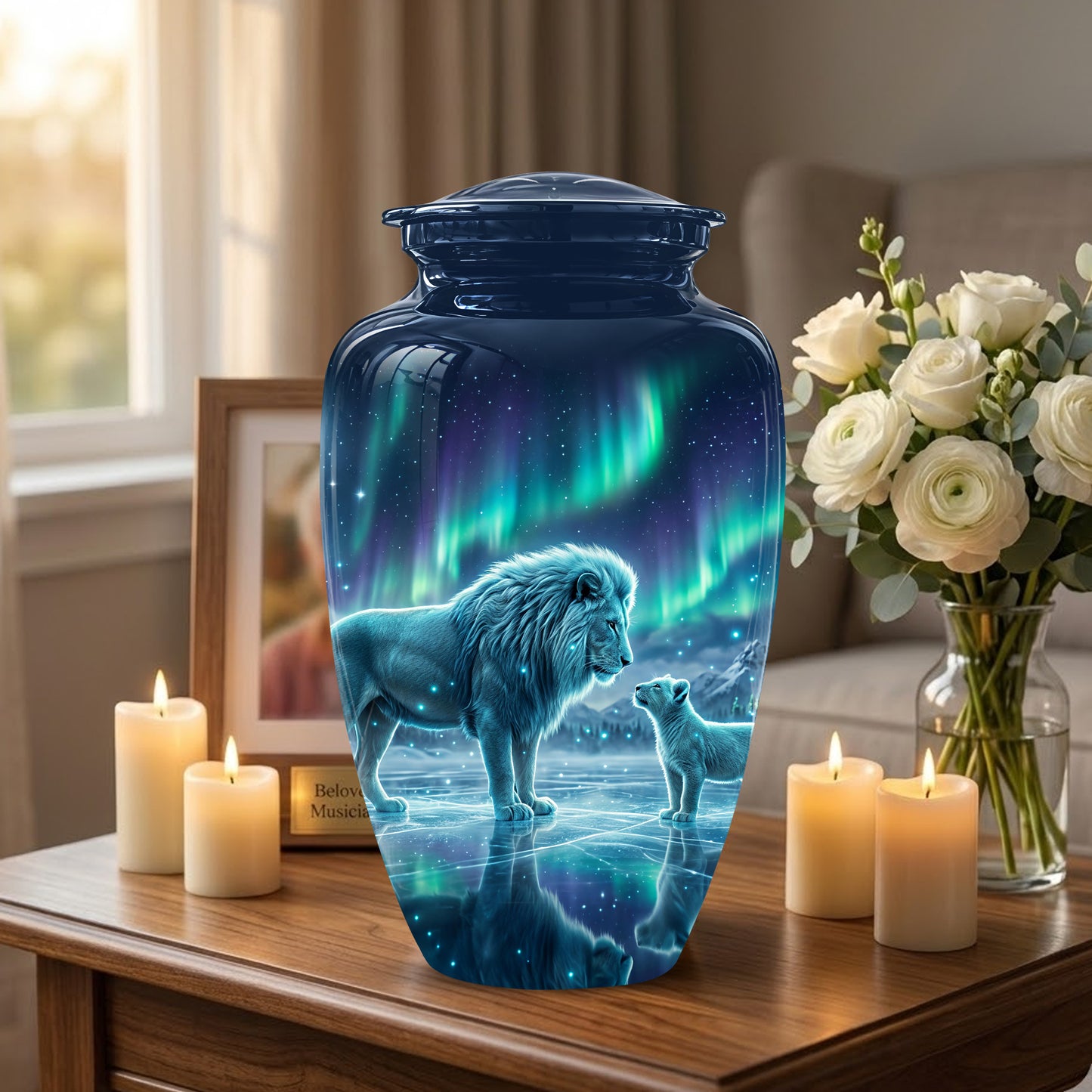 Lion & Cub Aurora Borealis Urn - Personalized Lion Urns For Human Ashes