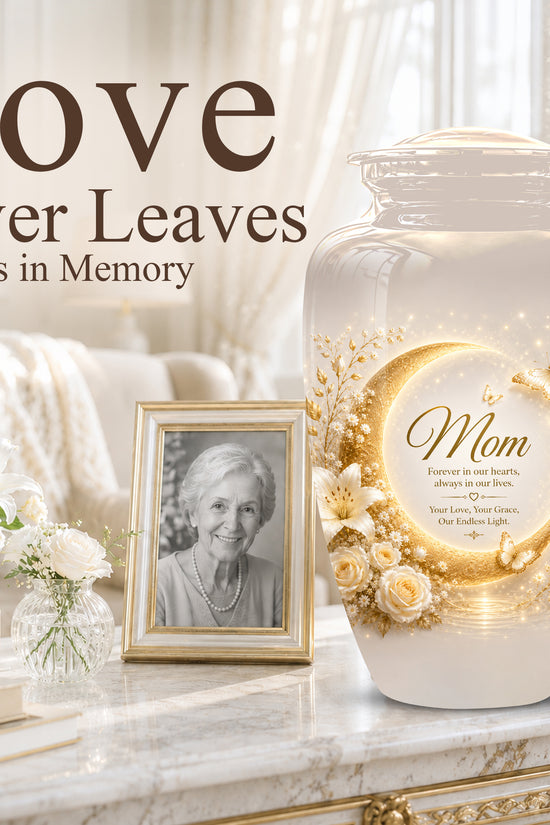 Floral Memorial Urn for Mom – White Aluminium Cremation Urn for Ashes