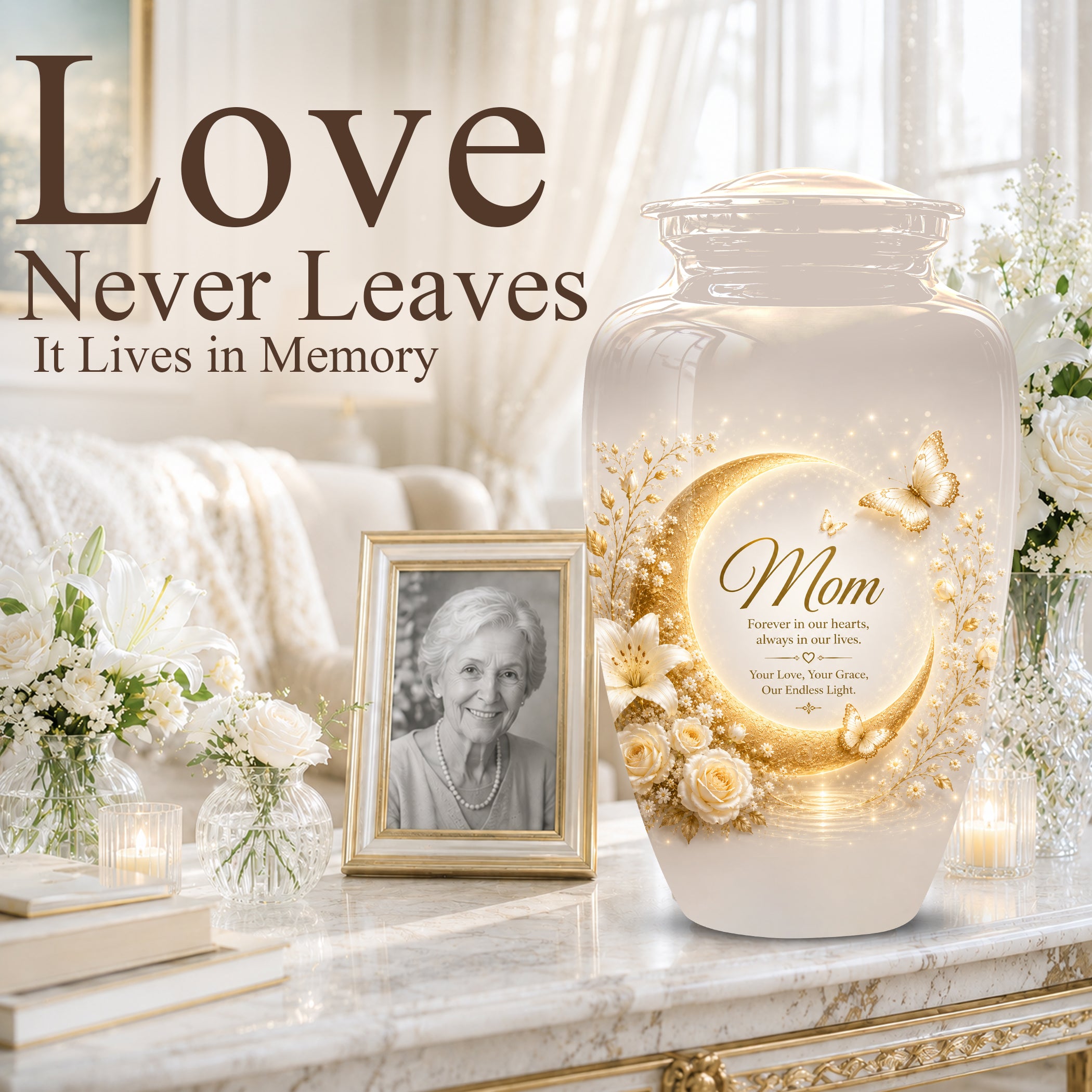 Floral Memorial Urn for Mom – White Aluminium Cremation Urn for Ashes