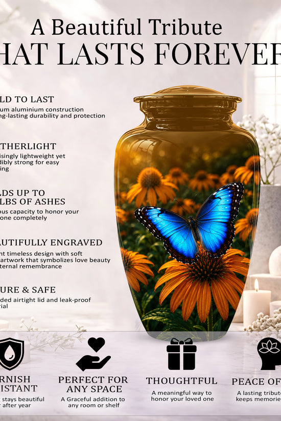Blue Butterfly On Flower Cremation Urn - Personalized Urns For Mom Ashes