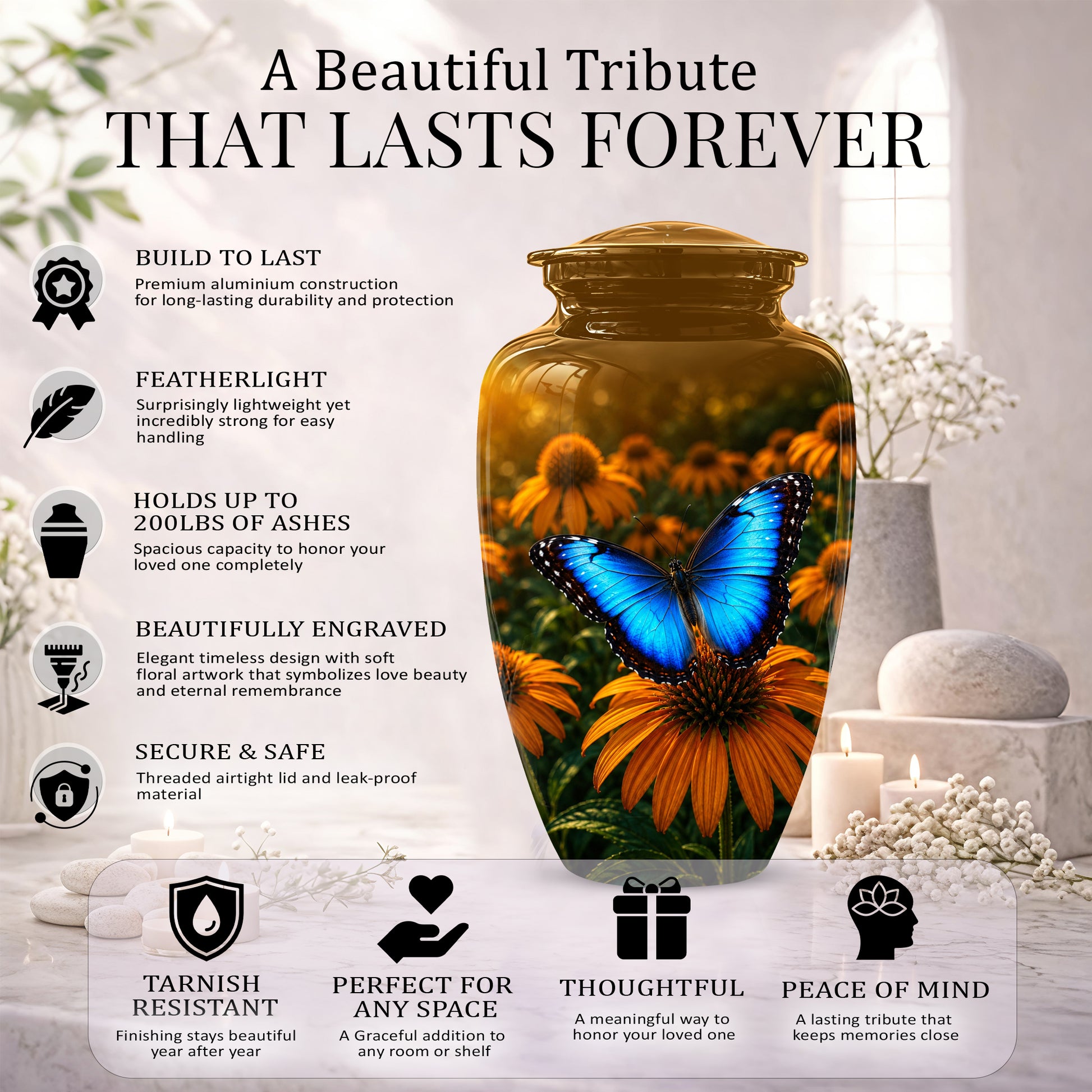 Blue Butterfly On Flower Cremation Urn - Personalized Urns For Mom Ashes