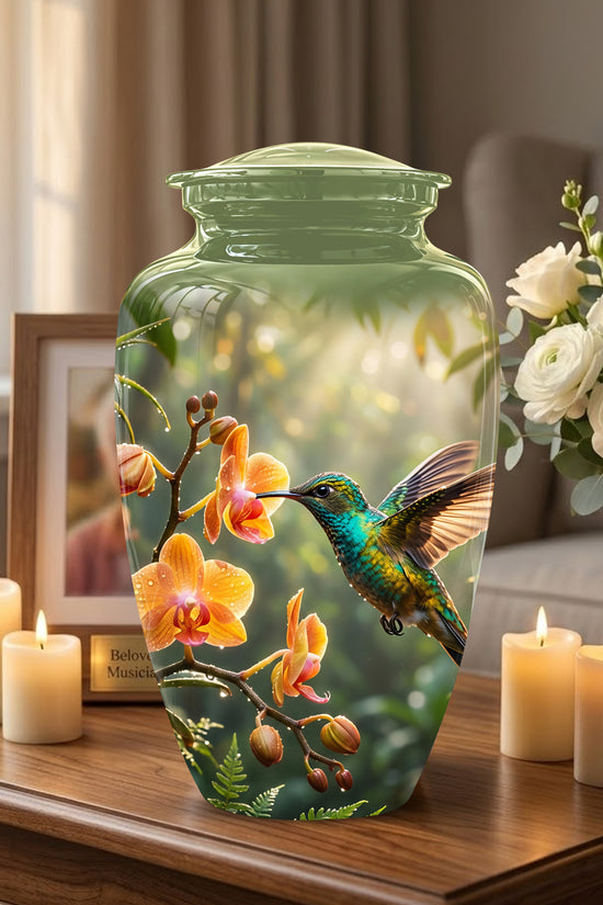 Colorful Hummingbird Urn - Green Cremation Urn For Nature Lovers Ashes
