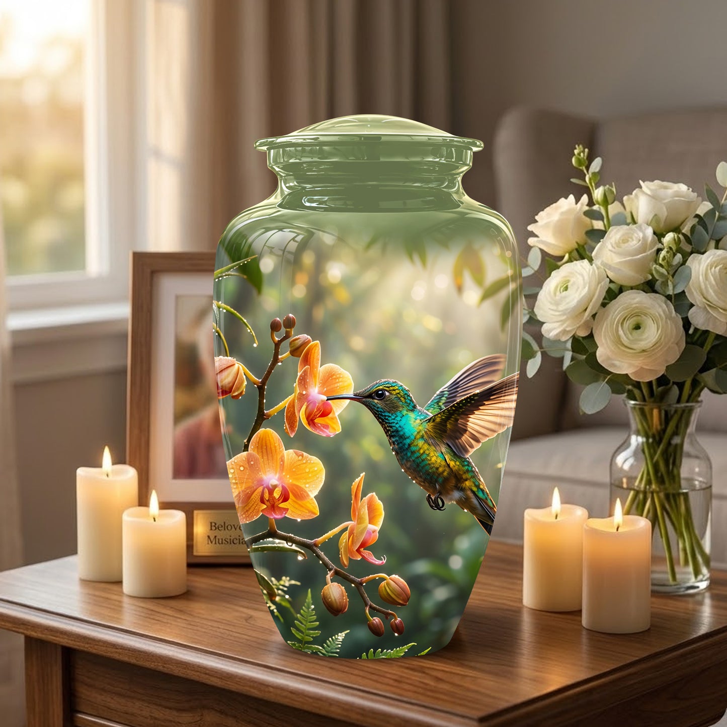 Colorful Hummingbird Urn - Green Cremation Urn For Nature Lovers Ashes