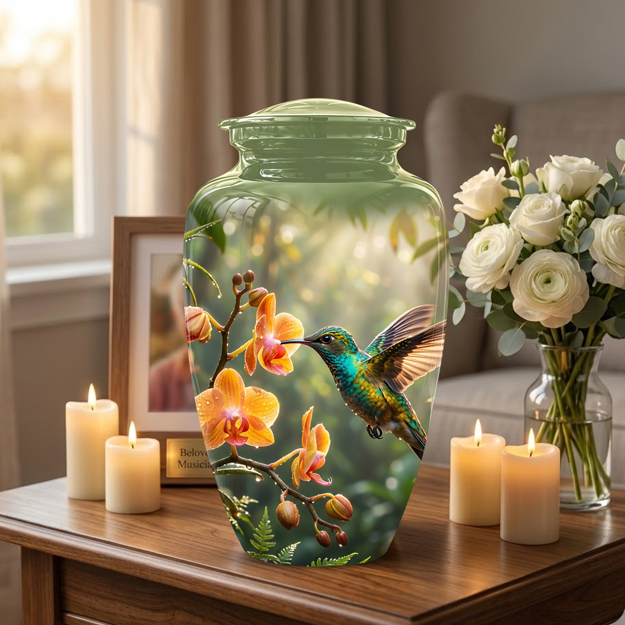 Colorful Hummingbird Urn - Green Cremation Urn For Nature Lovers Ashes