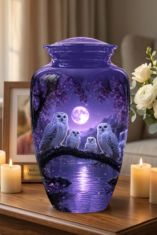Snowy Owl Family Themed Cremation Urn - Purple Moonlight Memorial Urns