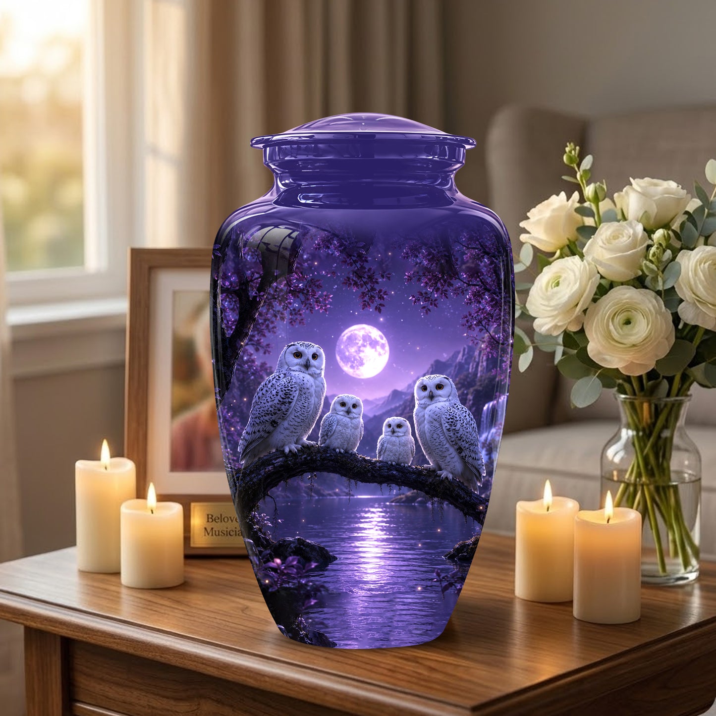 Snowy Owl Family Themed Cremation Urn - Purple Moonlight Memorial Urns