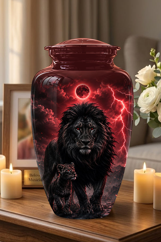 Lion With Cub Urn - Handcrafted Personalized Lion Burial Urn For Ashes