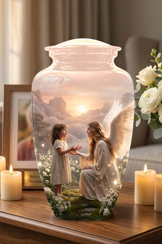 Angel Mom With Girl Child - Beautiful Artistic Custom Urns For Mom Ashes
