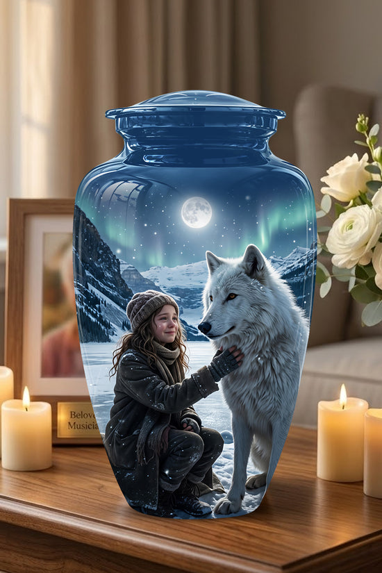 Snowy Moonlit White Wolf Urn for Ashes | Custom Memorial Urn