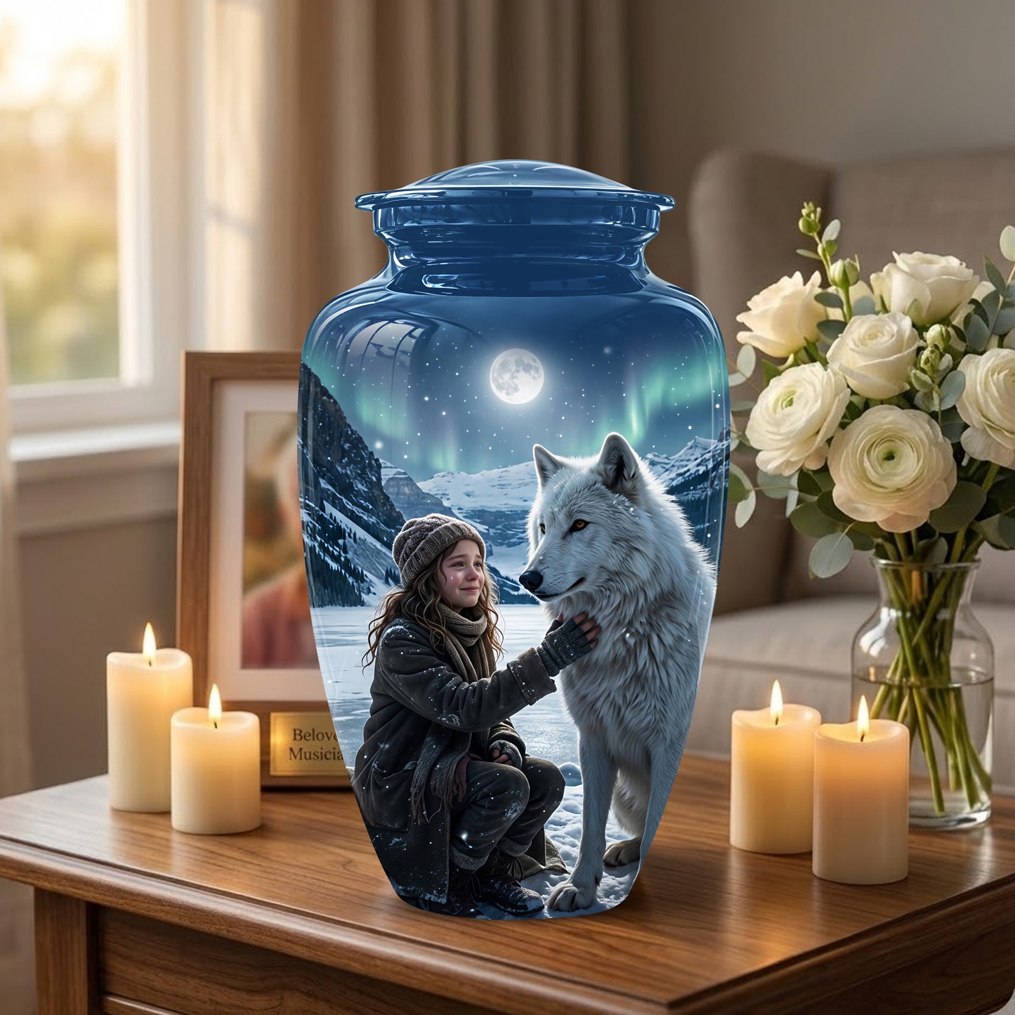 Snowy Moonlit White Wolf Urn for Ashes | Custom Memorial Urn