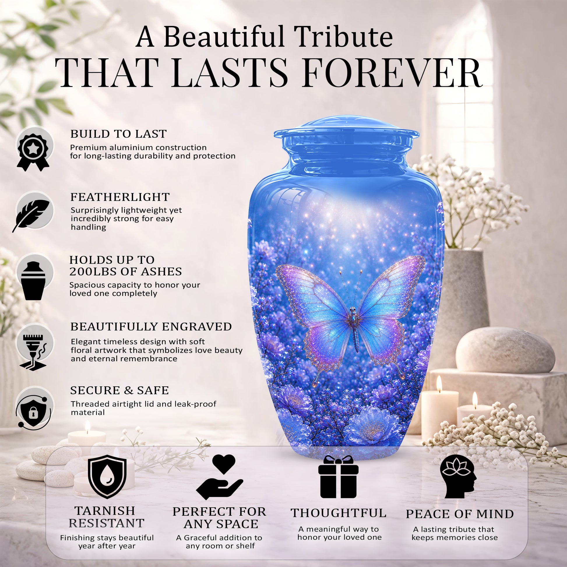 Heavenly Butterfly Memorial Urn - Blue Butterfly Urns For Women Ashes
