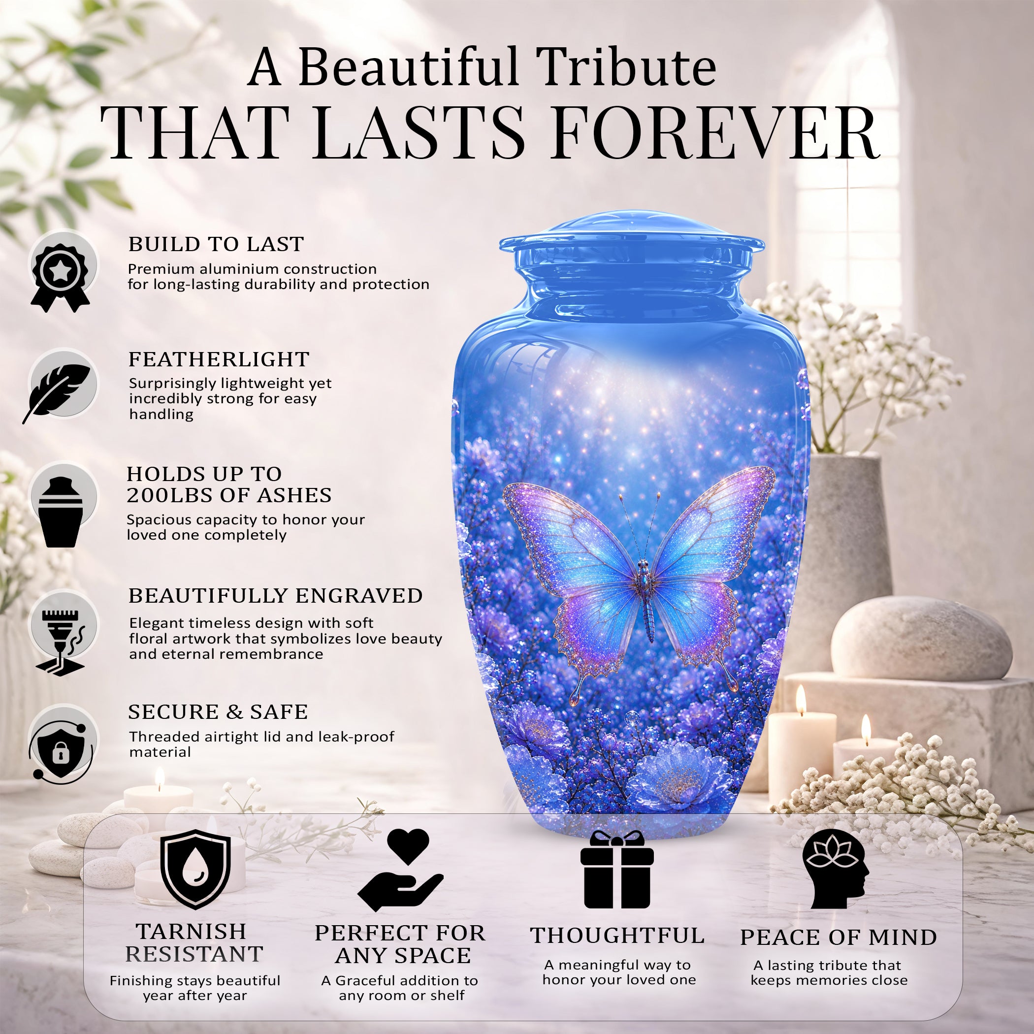 Heavenly Butterfly Memorial Urn - Blue Butterfly Urns For Women Ashes