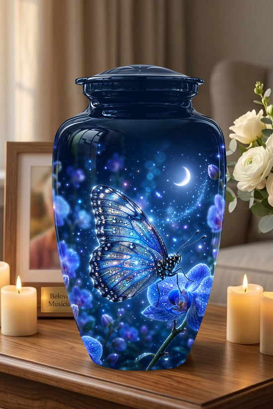 Blue Butterfly On Flower -Starry Night Burial Urns For Human Ashes